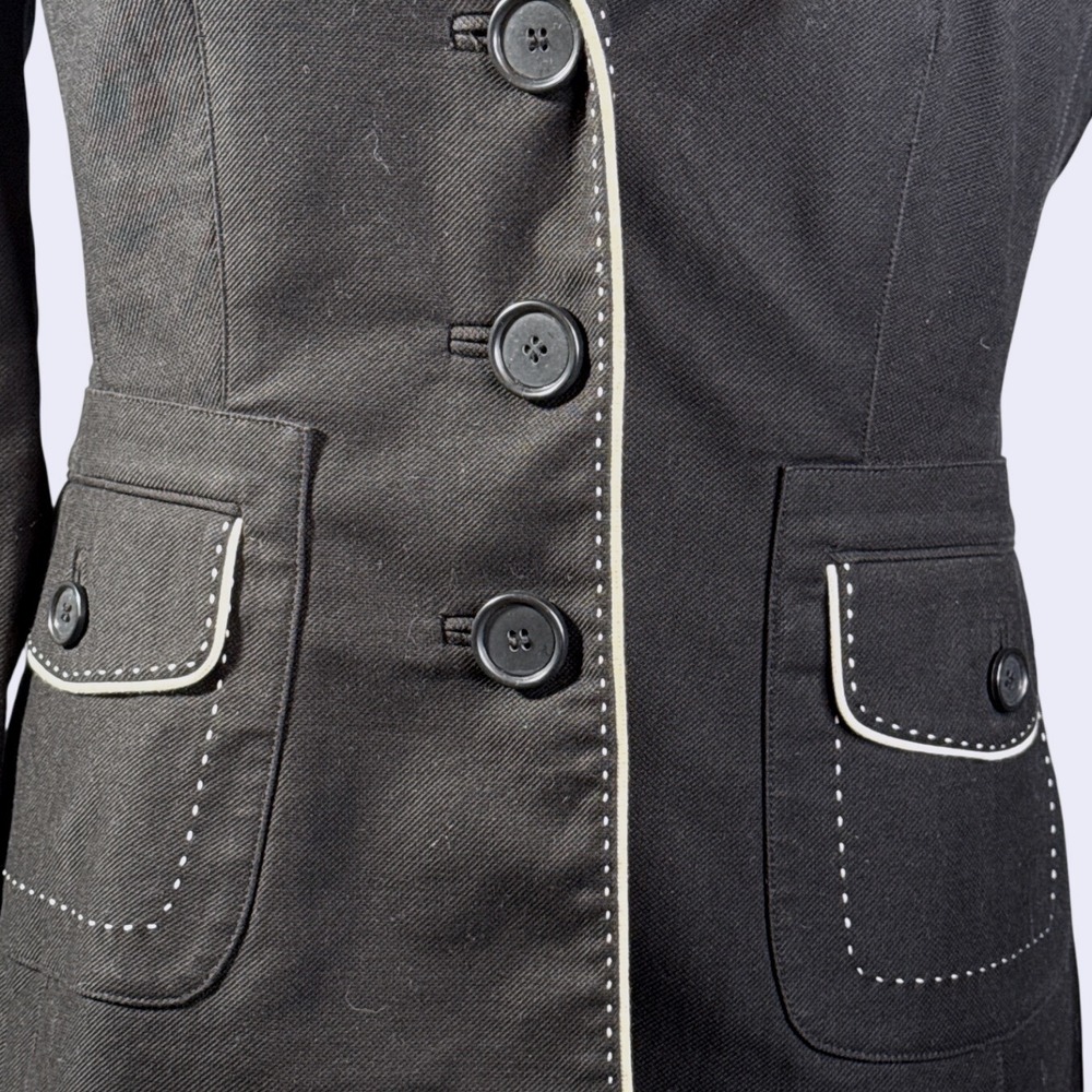 ANN TAYLOR Black‎ Blazer with White Contrast Stitching 3 Button Jacket Size 2 - Picture 3 of 9